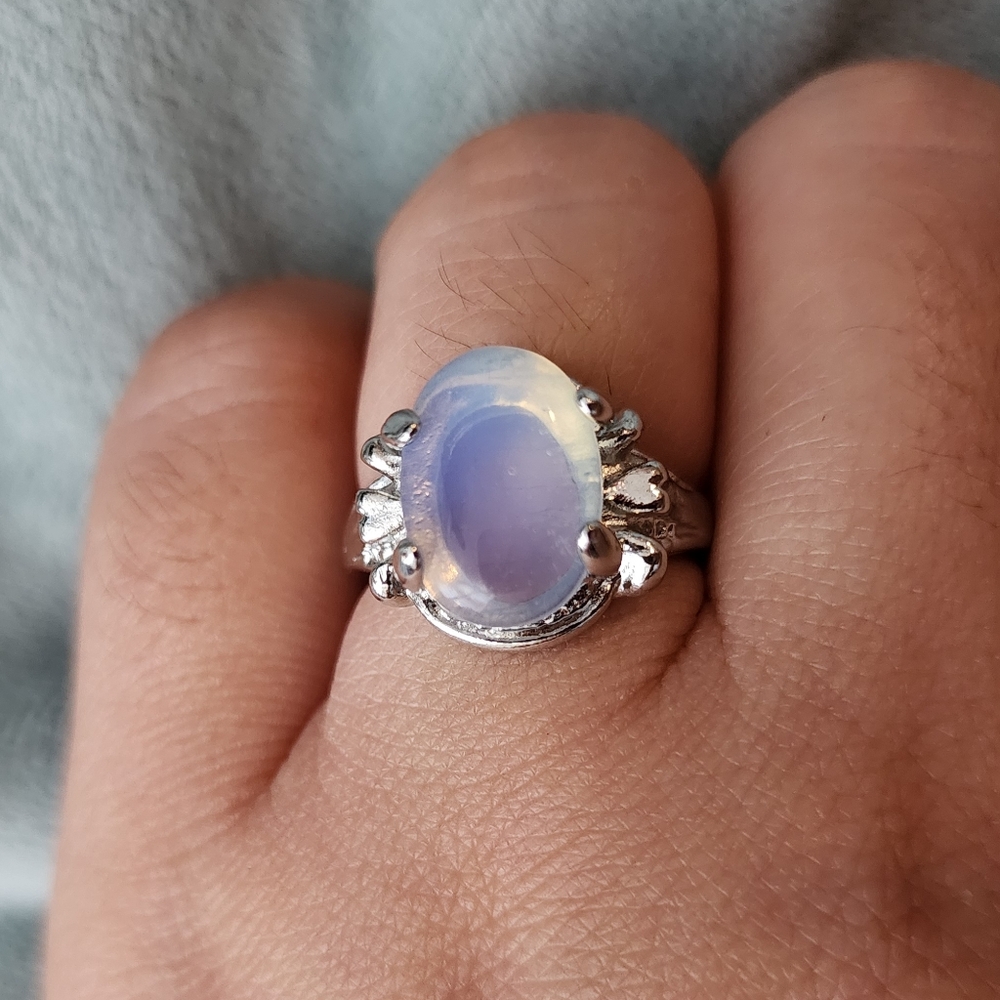 Size 7 Opalite Silver-tone Ring Ornate Details Bohemian Statement